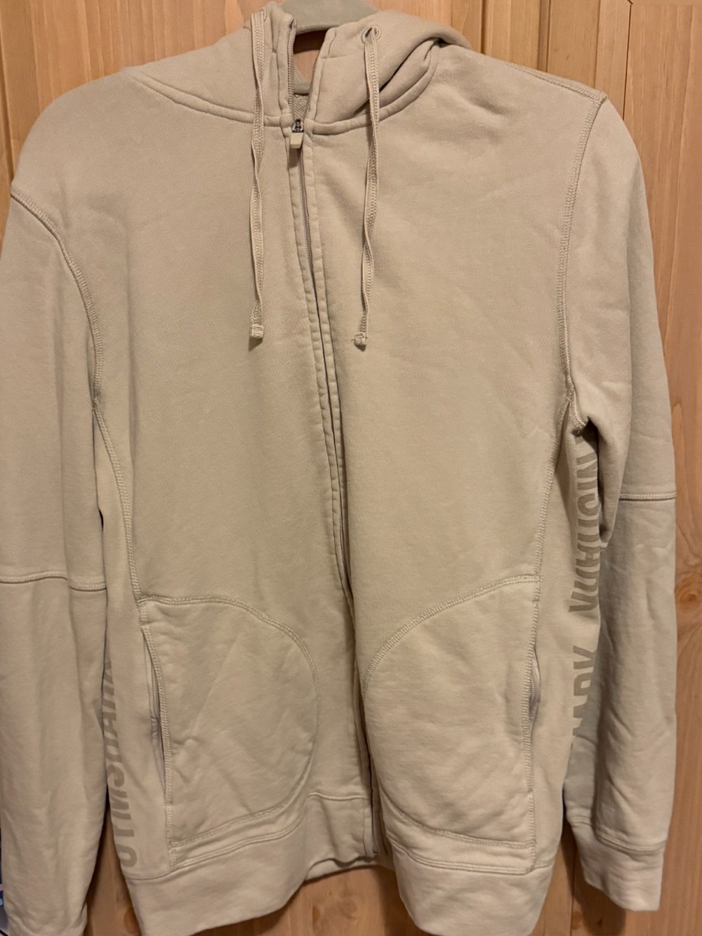 Gymshark Full Zip Hoodie Mens M Sand Beige Tonal Logo Sleeve Pockets Athletic
